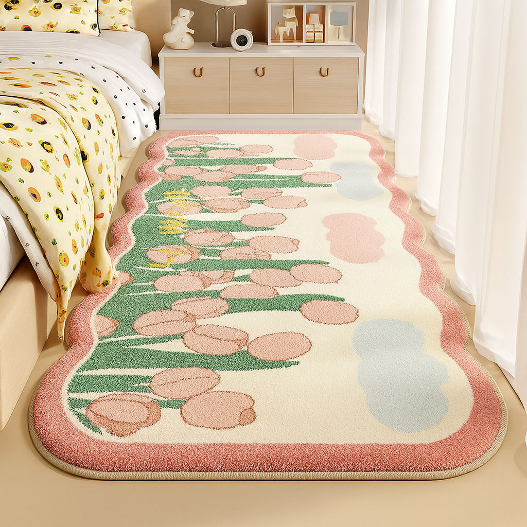 Bedroom Rug Floral Pattern Scalloped Edge | Large