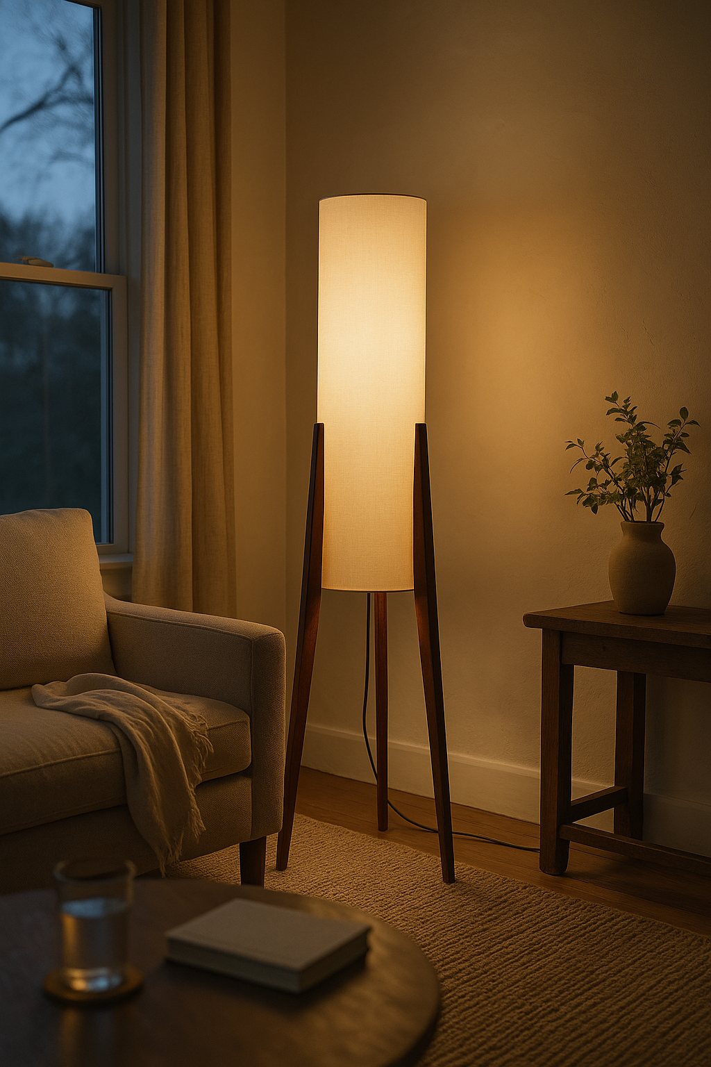 Floor Lamp Tripod Wood Living Room | Cylindrical