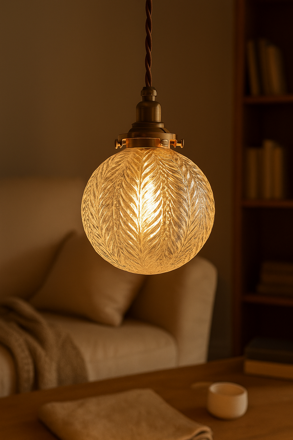 Pendant Light Glass Etched Living Room | Feather Pattern