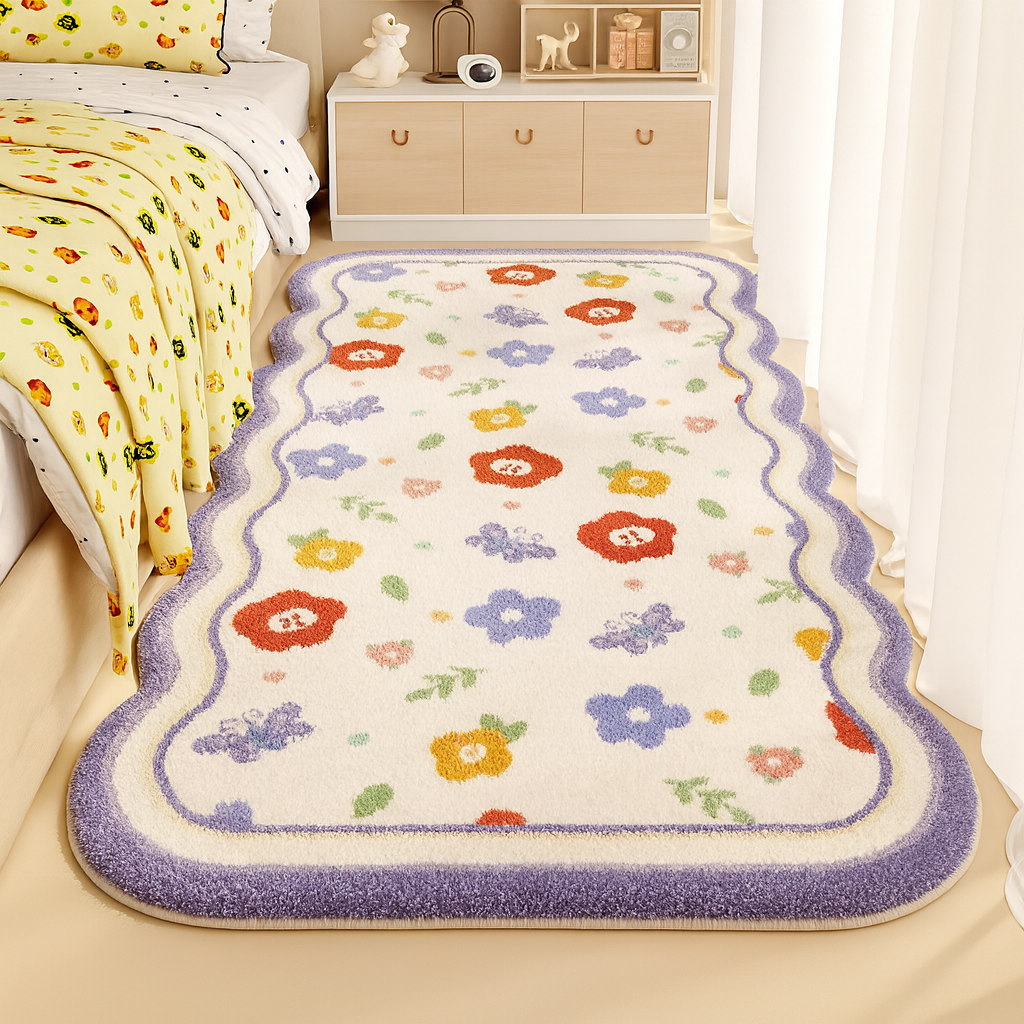 Bedroom Rug Floral Pattern Scalloped Edge | Large