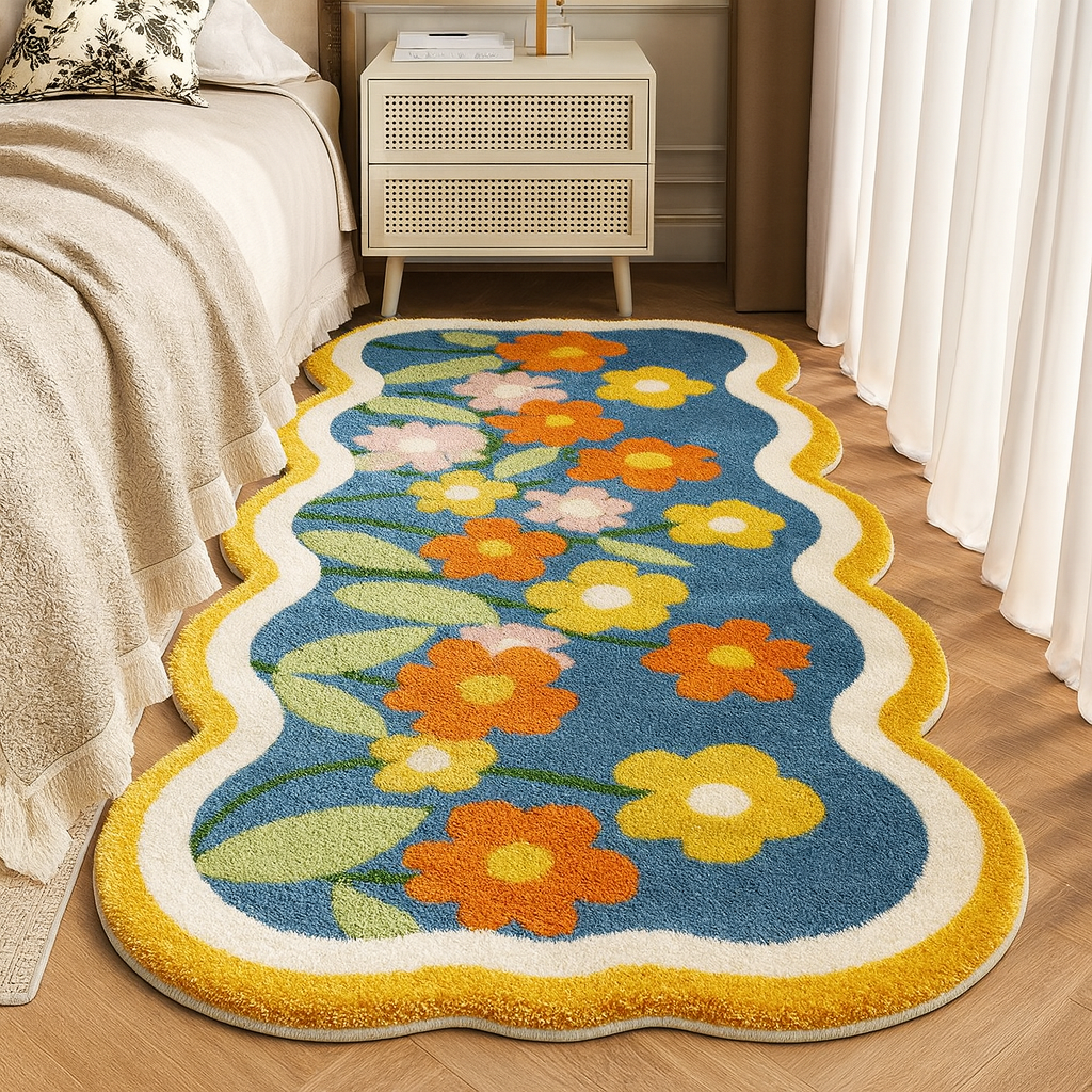 Bedroom Rug Floral Pattern Scalloped Edge | Large