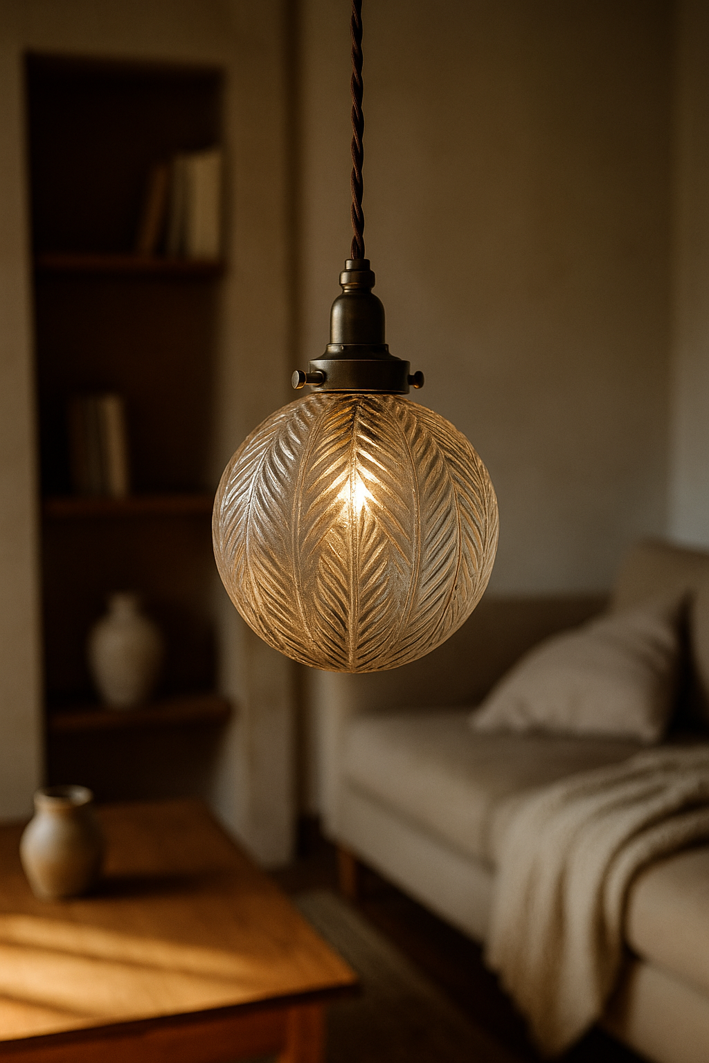 Pendant Light Glass Etched Living Room | Feather Pattern